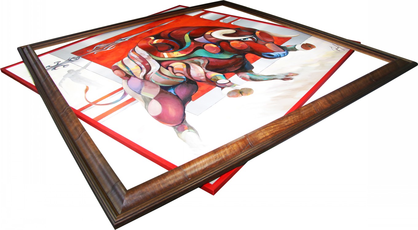 Оформление живописи на подрамнике в двойном деревянном шпонированном багете